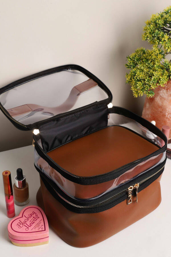 Tan Leather Women's Makeup Bag Transparent Practical Stylish Double Compartment Zippered Cosmetic Makeup Organizer - 4