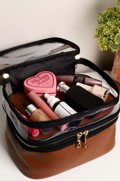 Tan Leather Women's Makeup Bag Transparent Practical Stylish Double Compartment Zippered Cosmetic Makeup Organizer - 5