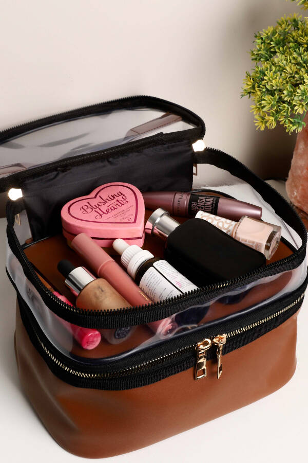 Tan Leather Women's Makeup Bag Transparent Practical Stylish Double Compartment Zippered Cosmetic Makeup Organizer - 12