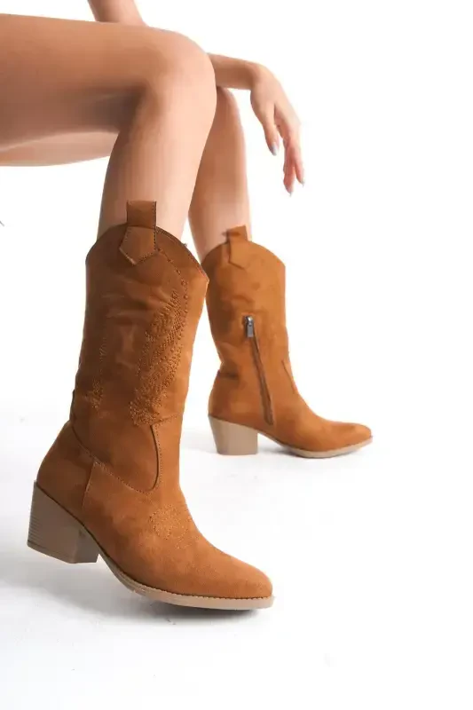 Tan Suede Embroidered Zippered Western Cowboy Women's Boot-Tan Suede Medium - BAK STORE