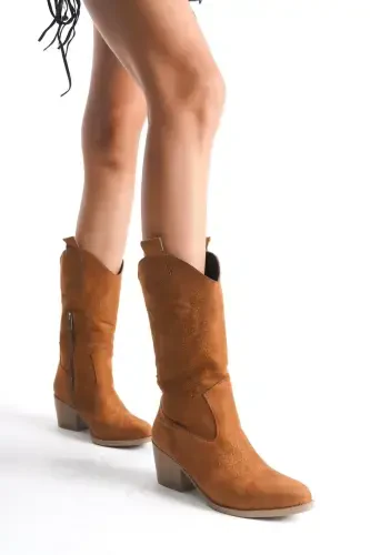 Tan Suede Embroidered Zippered Western Cowboy Women's Boot-Tan Suede Medium - BAK STORE (1)