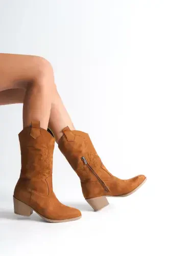 Tan Suede Embroidered Zippered Western Cowboy Women's Boot-Tan Suede Medium - 3