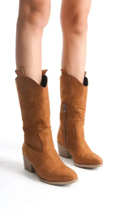 Tan Suede Embroidered Zippered Western Cowboy Women's Boot-Tan Suede Medium - 4