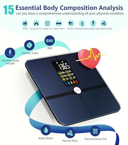 Tanadagi Yog'ni O'lchash Tarozi, Posture Ekstra Katta Displey Raqamli Xonadonning Simsiz Vazn Tarozi Tarkibi Tahlil Qiluvchi Qurilmasi Yurak Urishi Yurak Indeksi va Tana Shakli Indeksi bilan Bepul Ilova 400Lb Qora - 5