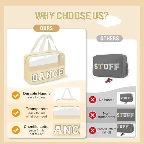 Танцевальная сумка для девочек, шенилловая буква, прозрачная косметичка для макияжа DANCE, подарки для танцевального концерта для малышей, балетная косметичка на молнии с ручкой, аксессуары для танцевального конкурса, сумка для хранения туалетных принадлежностей (DANCE-Beige) - 6