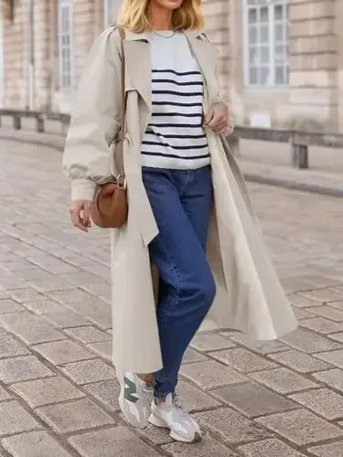 Tankaneo ayollar uzun trenchi kuzgi moda katta o'lchamli ikki qator tugmali lapelli palto kamarli ustki kiyim - 3