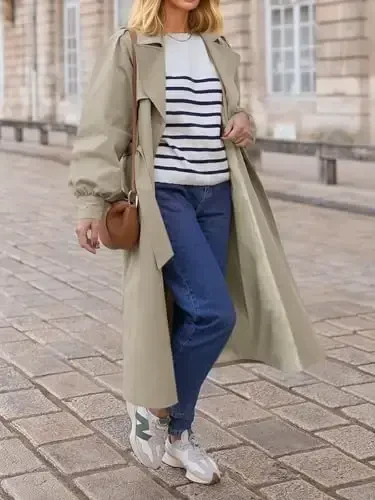 Tankaneo Womens Long Trench Coat Fall Fashion Oversized Double Breasted Lapel Overcoat Outerwear with Belt - 3