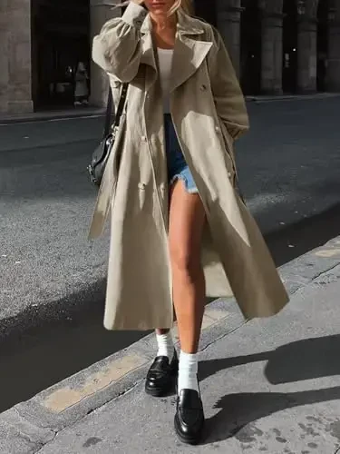 Tankaneo Womens Long Trench Coat Fall Fashion Oversized Double Breasted Lapel Overcoat Outerwear with Belt - 4