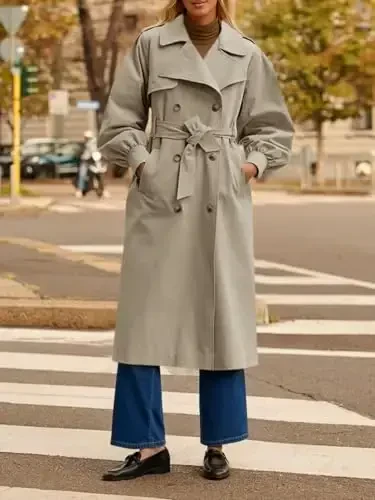 Tankaneo Womens Long Trench Coat Fall Fashion Oversized Double Breasted Lapel Overcoat Outerwear with Belt - 5