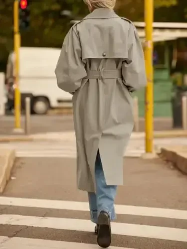 Tankaneo Womens Long Trench Coat Fall Fashion Oversized Double Breasted Lapel Overcoat Outerwear with Belt - 6