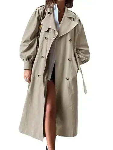 Tankaneo Womens Long Trench Coat Fall Fashion Oversized Double Breasted Lapel Overcoat Outerwear with Belt - TANKANEO