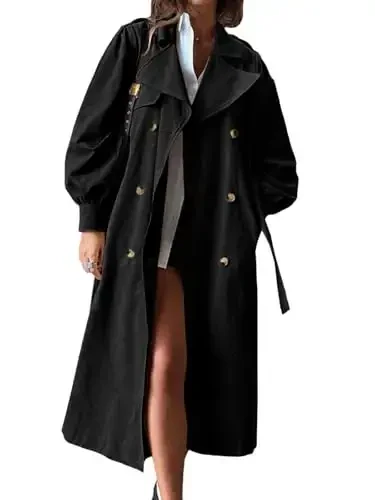 Tankaneo Womens Long Trench Coat Fall Fashion Oversized Double Breasted Lapel Overcoat Outerwear with Belt - Tankaneo