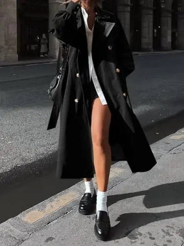 Tankaneo Womens Long Trench Coat Fall Fashion Oversized Double Breasted Lapel Overcoat Outerwear with Belt - 3