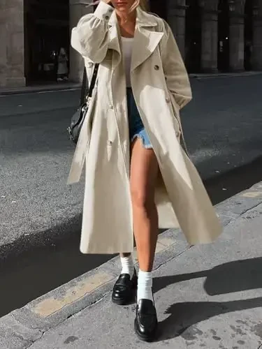 Tankaneo Womens Long Trench Coat Fall Fashion Oversized Double Breasted Lapel Overcoat Outerwear with Belt - 4
