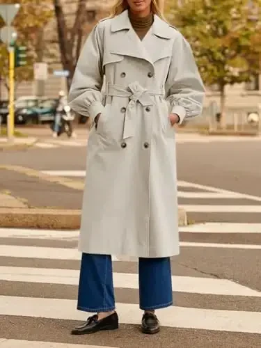 Tankaneo Womens Long Trench Coat Fall Fashion Oversized Double Breasted Lapel Overcoat Outerwear with Belt - 5