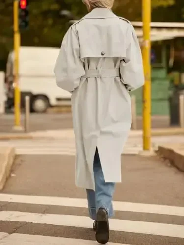 Tankaneo Womens Long Trench Coat Fall Fashion Oversized Double Breasted Lapel Overcoat Outerwear with Belt - 6