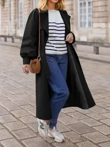 Tankaneo Womens Long Trench Coat Fall Fashion Oversized Double Breasted Lapel Overcoat Outerwear with Belt - 3