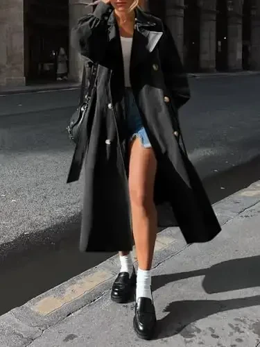 Tankaneo Womens Long Trench Coat Fall Fashion Oversized Double Breasted Lapel Overcoat Outerwear with Belt - 4