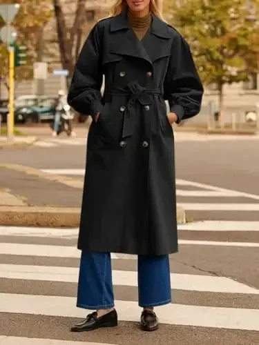 Tankaneo Womens Long Trench Coat Fall Fashion Oversized Double Breasted Lapel Overcoat Outerwear with Belt - 5