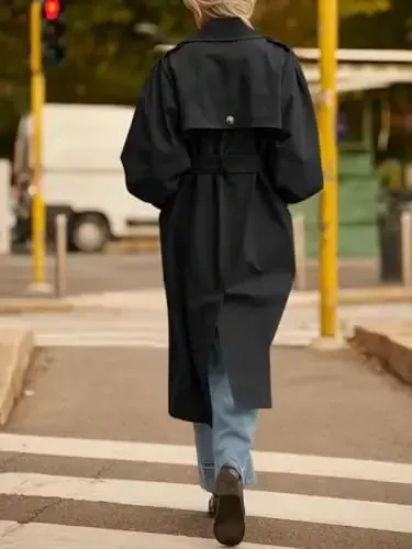 Tankaneo Womens Long Trench Coat Fall Fashion Oversized Double Breasted Lapel Overcoat Outerwear with Belt - 6
