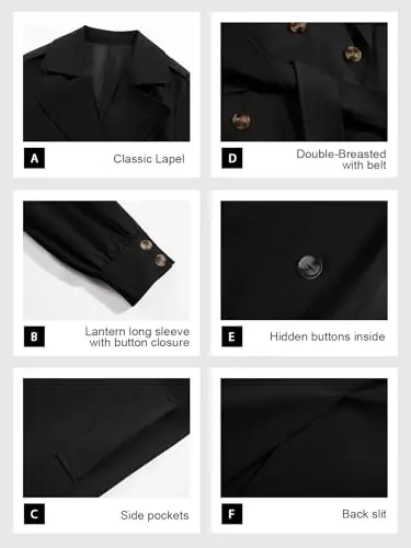 Tankaneo Womens Long Trench Coat Fall Fashion Oversized Double Breasted Lapel Overcoat Outerwear with Belt - 2