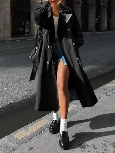 Tankaneo Womens Long Trench Coat Fall Fashion Oversized Double Breasted Lapel Overcoat Outerwear with Belt - 4
