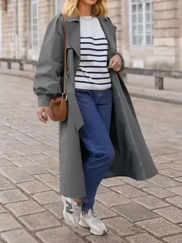 Tankaneo Womens Long Trench Coat Fall Fashion Oversized Double Breasted Lapel Overcoat Outerwear with Belt - 3