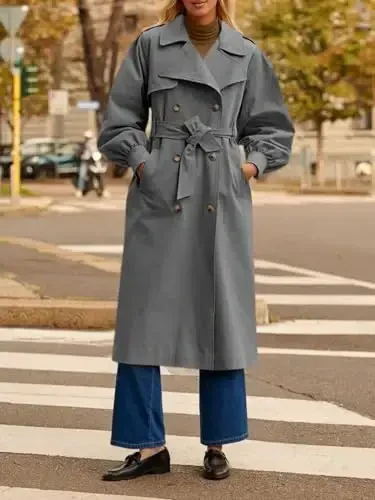 Tankaneo Womens Long Trench Coat Fall Fashion Oversized Double Breasted Lapel Overcoat Outerwear with Belt - 5