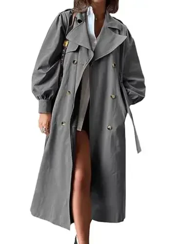 Tankaneo Womens Long Trench Coat Fall Fashion Oversized Double Breasted Lapel Overcoat Outerwear with Belt - TANKANEO