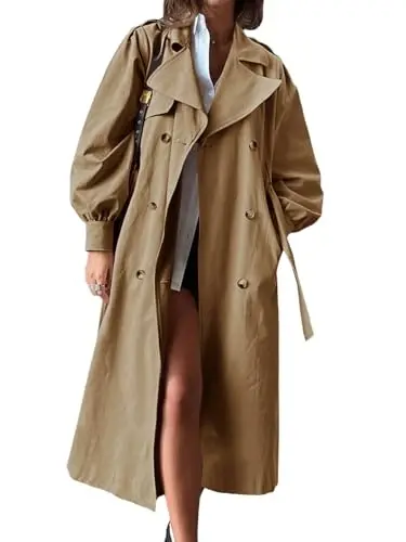 Tankaneo Womens Long Trench Coat Fall Fashion Oversized Double Breasted Lapel Overcoat Outerwear with Belt 