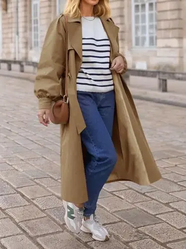 Tankaneo Womens Long Trench Coat Fall Fashion Oversized Double Breasted Lapel Overcoat Outerwear with Belt - TANKANEO (1)