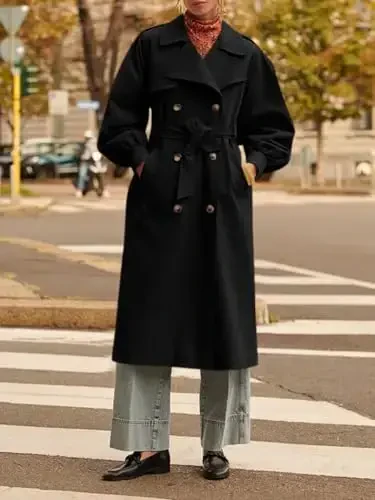 Tankaneo Womens Long Trench Coat Fall Fashion Oversized Double Breasted Lapel Overcoat Outerwear with Belt - 4