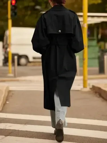 Tankaneo Womens Long Trench Coat Fall Fashion Oversized Double Breasted Lapel Overcoat Outerwear with Belt - 5