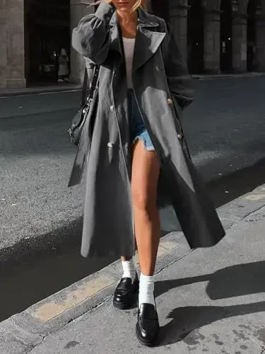 Tankaneo Womens Long Trench Coat Fall Fashion Oversized Double Breasted Lapel Overcoat Outerwear with Belt - 4