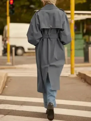 Tankaneo Womens Long Trench Coat Fall Fashion Oversized Double Breasted Lapel Overcoat Outerwear with Belt - 6
