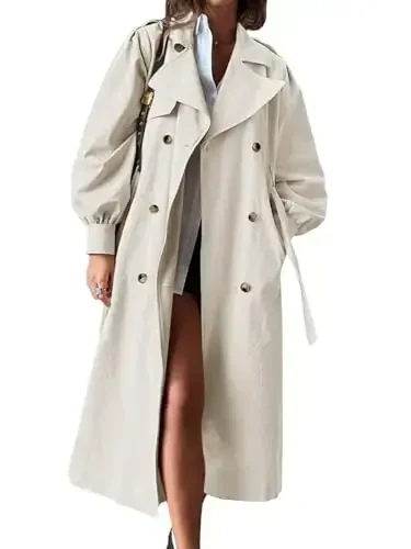 Tankaneo Womens Long Trench Coat Fall Fashion Oversized Double Breasted Lapel Overcoat Outerwear with Belt - 1