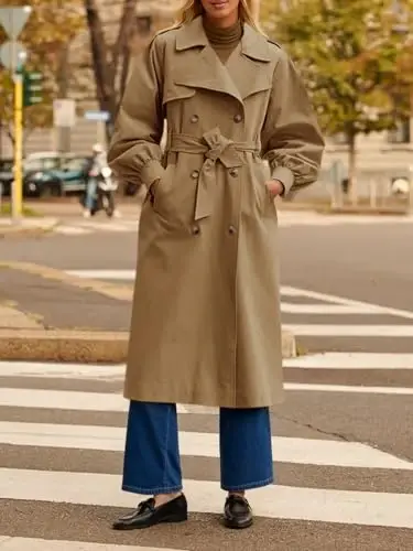 Tankaneo Womens Long Trench Coat Fall Fashion Oversized Double Breasted Lapel Overcoat Outerwear with Belt - 4
