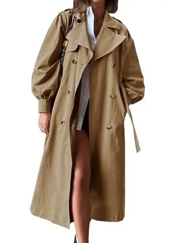 Tankaneo Womens Long Trench Coat Fall Fashion Oversized Double Breasted Lapel Overcoat Outerwear with Belt - Tankaneo