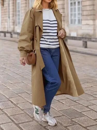 Tankaneo Womens Long Trench Coat Fall Fashion Oversized Double Breasted Lapel Overcoat Outerwear with Belt - Tankaneo (1)