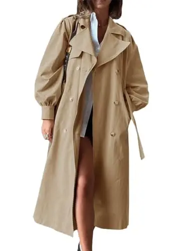 Tankaneo Womens Long Trench Coat Fall Fashion Oversized Double Breasted Lapel Overcoat Outerwear with Belt - 1