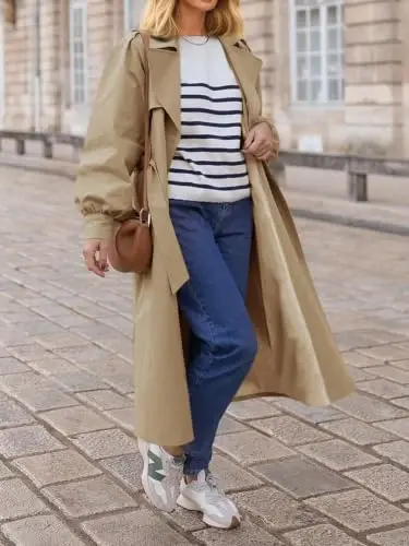 Tankaneo Womens Long Trench Coat Fall Fashion Oversized Double Breasted Lapel Overcoat Outerwear with Belt - 2