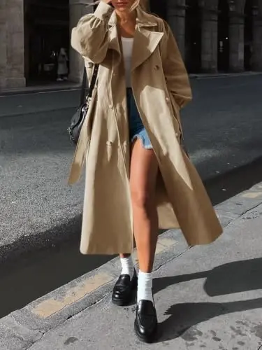 Tankaneo Womens Long Trench Coat Fall Fashion Oversized Double Breasted Lapel Overcoat Outerwear with Belt - 3