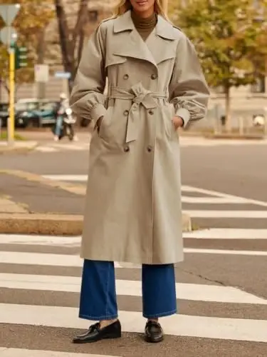 Tankaneo Womens Long Trench Coat Fall Fashion Oversized Double Breasted Lapel Overcoat Outerwear with Belt - 4