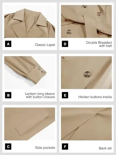 Tankaneo Womens Long Trench Coat Fall Fashion Oversized Double Breasted Lapel Overcoat Outerwear with Belt - 6