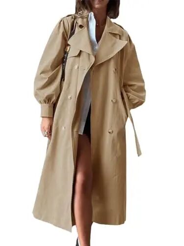 Tankaneo Womens Long Trench Coat Fall Fashion Oversized Double Breasted Lapel Overcoat Outerwear with Belt - Tankaneo