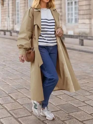 Tankaneo Womens Long Trench Coat Fall Fashion Oversized Double Breasted Lapel Overcoat Outerwear with Belt - Tankaneo (1)