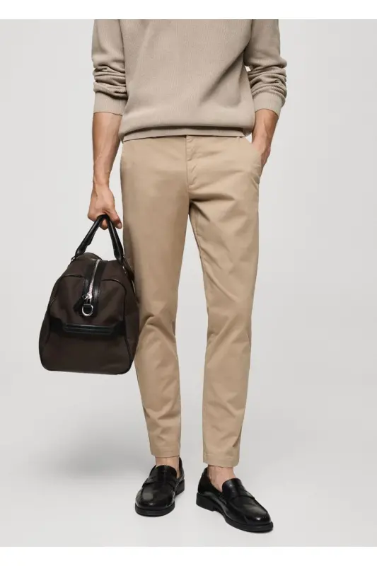 Tapered Cut Cotton Cropped Trousers-Beige - MANGO MAN