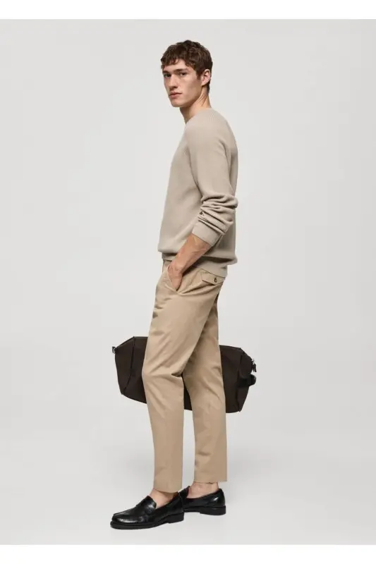 Tapered Kesim Pamuklu Cropped Pantolon - Bej - 8