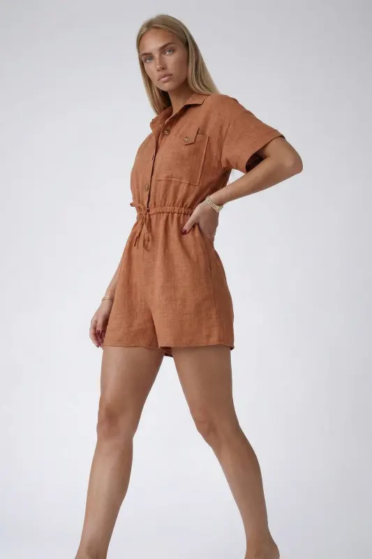 Tarçın Gömlek Yaka Çift Cepli Keten Şort Tulum-TARÇIN - 3