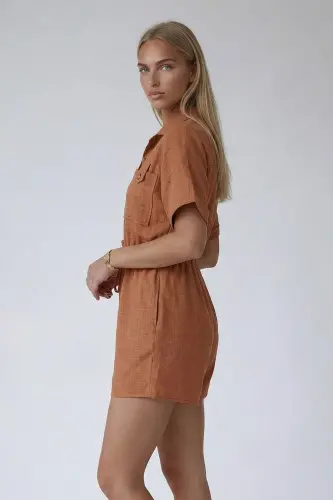 Tarçın Gömlek Yaka Çift Cepli Keten Şort Tulum-TARÇIN - 5